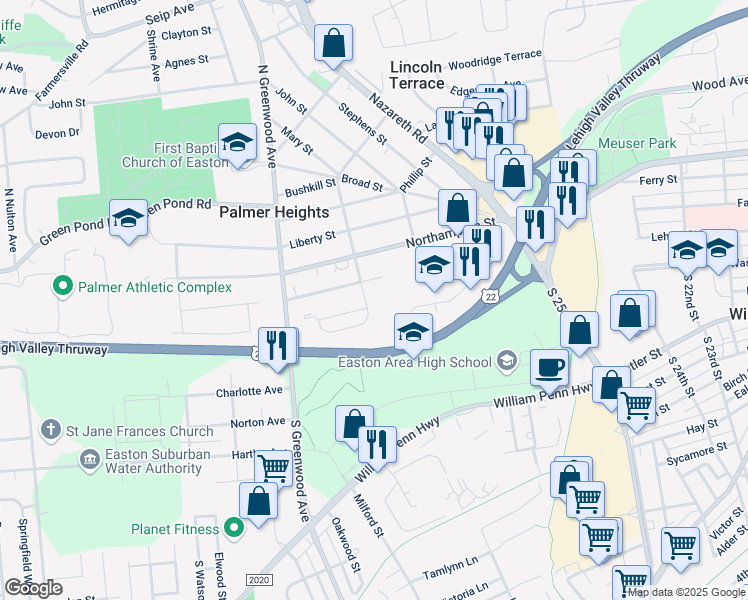 map of restaurants, bars, coffee shops, grocery stores, and more near 150 S Kathryn St in Easton