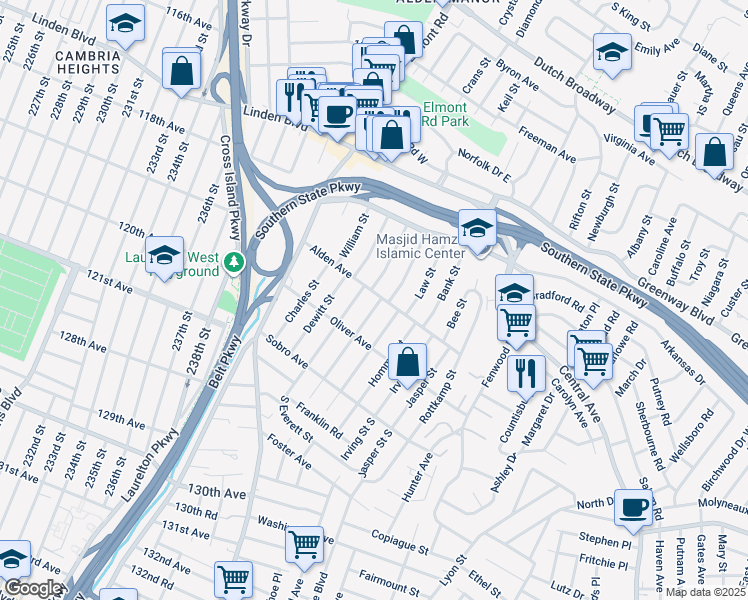 map of restaurants, bars, coffee shops, grocery stores, and more near 65 Frank Street in Valley Stream