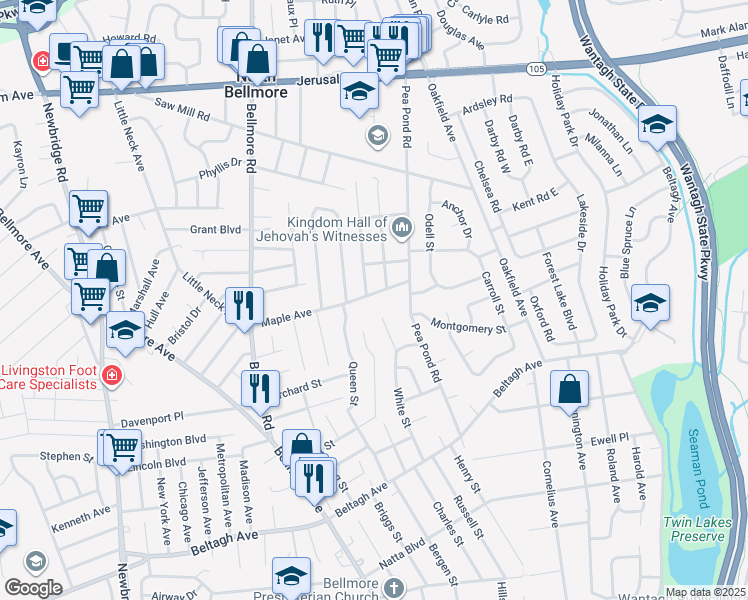map of restaurants, bars, coffee shops, grocery stores, and more near 2788 Maple Avenue in North Bellmore