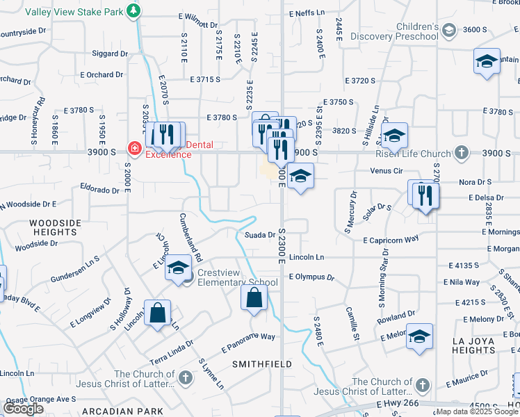 map of restaurants, bars, coffee shops, grocery stores, and more near 3995 South 2280 East in Holladay
