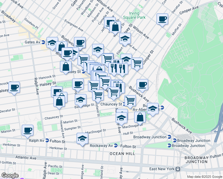 map of restaurants, bars, coffee shops, grocery stores, and more near 1675 Broadway in Brooklyn