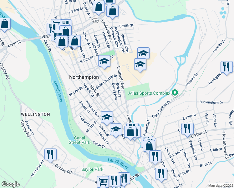 map of restaurants, bars, coffee shops, grocery stores, and more near 1469 Dewey Avenue in Northampton
