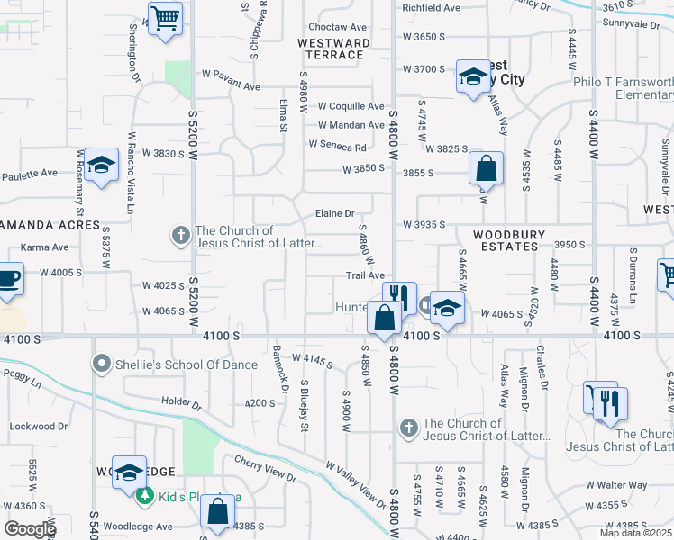 map of restaurants, bars, coffee shops, grocery stores, and more near 4912 Trail Avenue in West Valley City