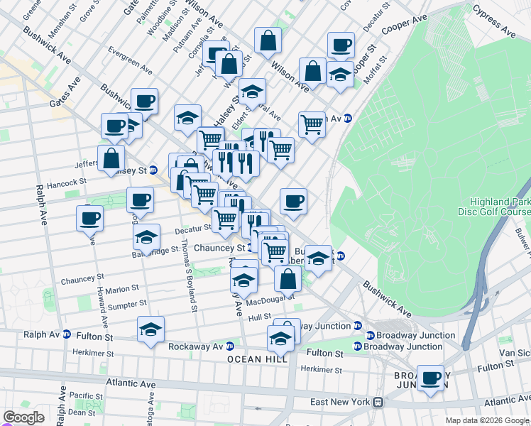 map of restaurants, bars, coffee shops, grocery stores, and more near 1408 Bushwick Avenue in Brooklyn