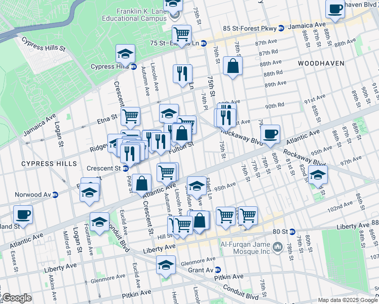 map of restaurants, bars, coffee shops, grocery stores, and more near 260 Grant Avenue in Brooklyn