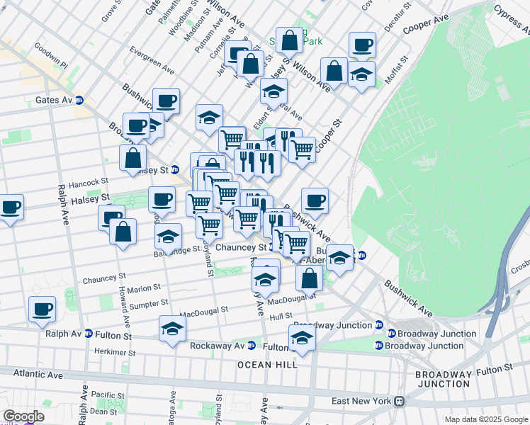 map of restaurants, bars, coffee shops, grocery stores, and more near 35 Cooper Street in Brooklyn
