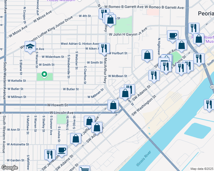 map of restaurants, bars, coffee shops, grocery stores, and more near 391 S Kersee St in Peoria