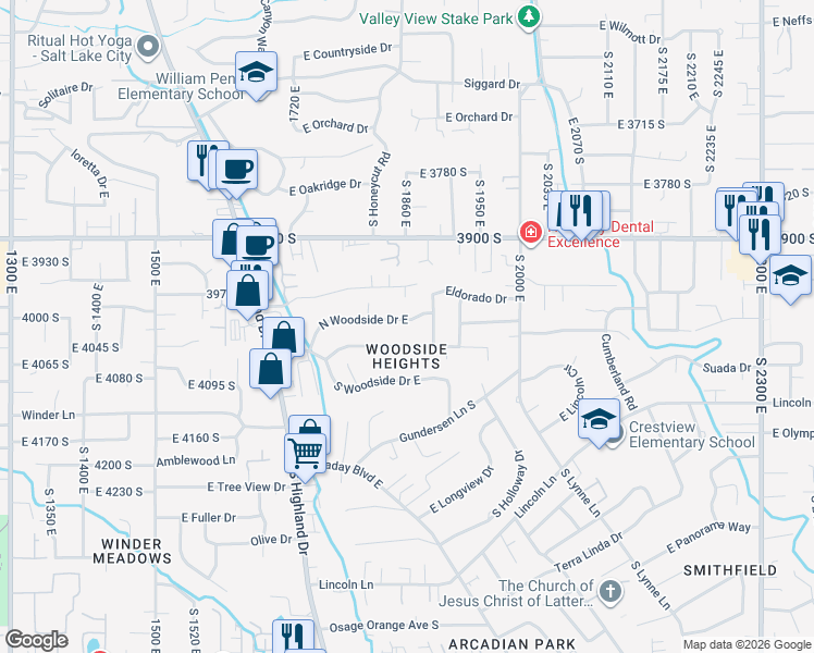 map of restaurants, bars, coffee shops, grocery stores, and more near 1860 North Woodside Drive East in Holladay