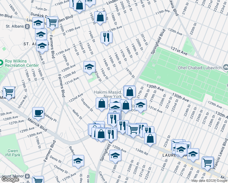map of restaurants, bars, coffee shops, grocery stores, and more near 192,07 Williamson Avenue in Queens
