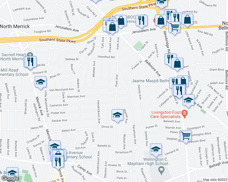map of restaurants, bars, coffee shops, grocery stores, and more near 1438 Park Avenue in Merrick