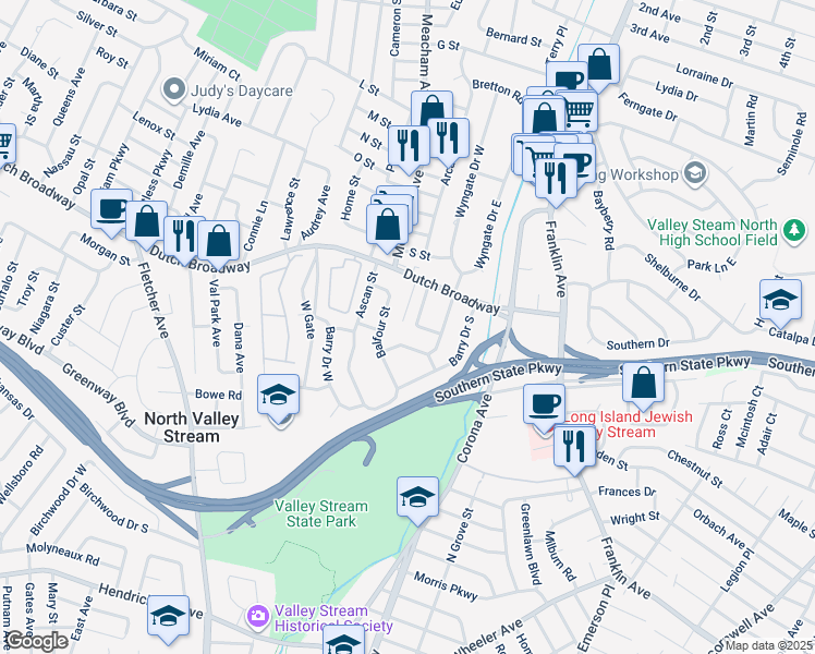 map of restaurants, bars, coffee shops, grocery stores, and more near 882 Warner Road in Valley Stream
