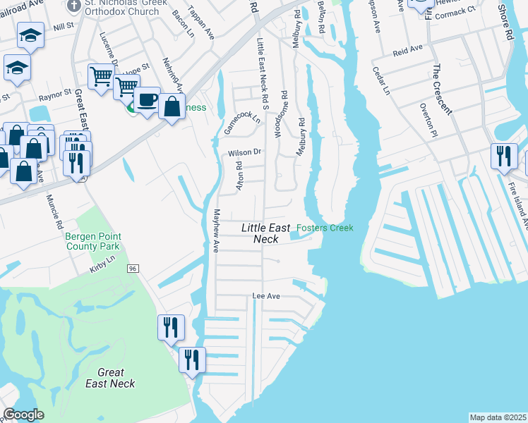 map of restaurants, bars, coffee shops, grocery stores, and more near 247 Little East Neck Road South in Babylon