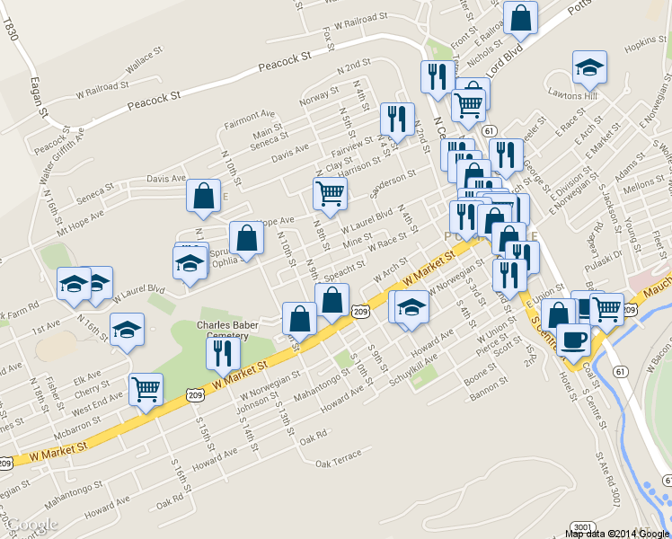 map of restaurants, bars, coffee shops, grocery stores, and more near 733 West Race Street in Pottsville