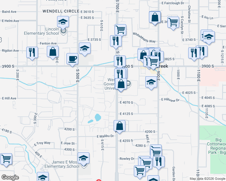 map of restaurants, bars, coffee shops, grocery stores, and more near 677 East 4025 South in Murray