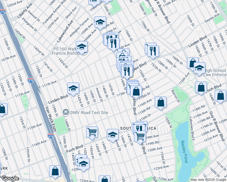 map of restaurants, bars, coffee shops, grocery stores, and more near 114-43 147th Street in Queens