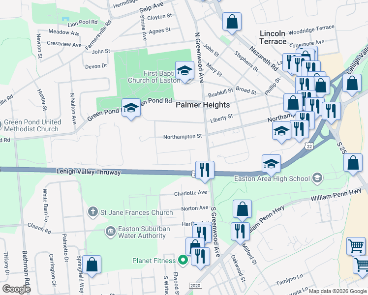 map of restaurants, bars, coffee shops, grocery stores, and more near 2865 Washington Street in Easton