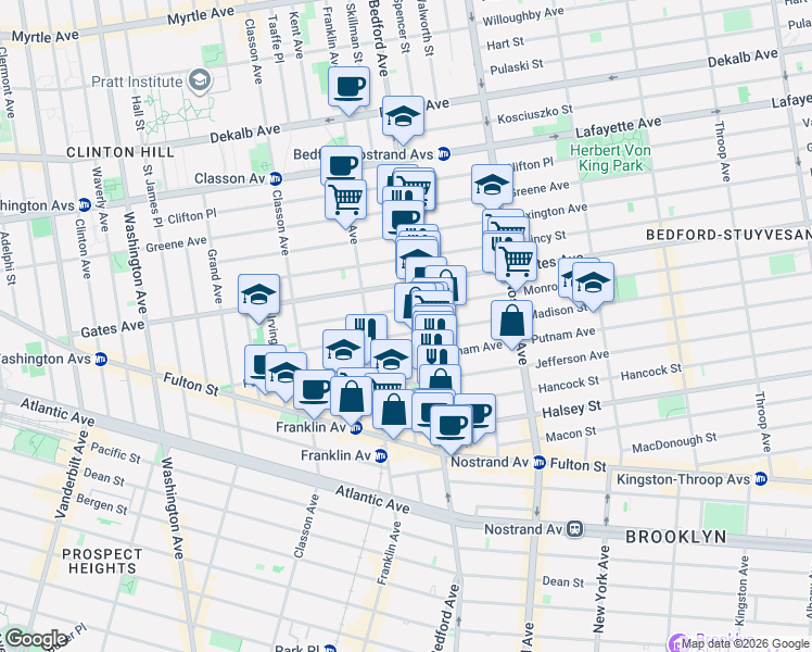 map of restaurants, bars, coffee shops, grocery stores, and more near 1160 Bedford Avenue in Brooklyn