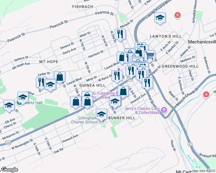 map of restaurants, bars, coffee shops, grocery stores, and more near 521 West Arch Street in Pottsville