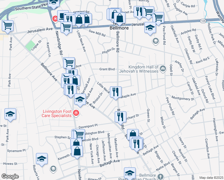 map of restaurants, bars, coffee shops, grocery stores, and more near 103 Herkimer Street in North Bellmore