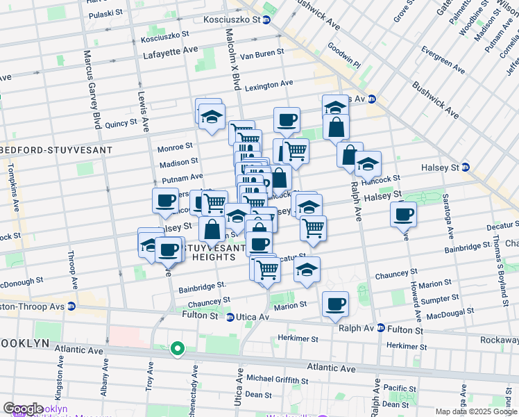 map of restaurants, bars, coffee shops, grocery stores, and more near 668 Hancock Street in Brooklyn