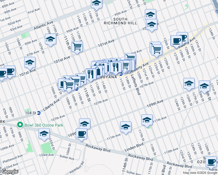 map of restaurants, bars, coffee shops, grocery stores, and more near 104-47 115th Street in Queens