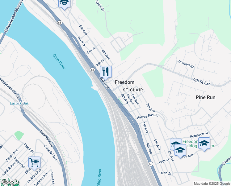 map of restaurants, bars, coffee shops, grocery stores, and more near 940 Locust Alley in Freedom
