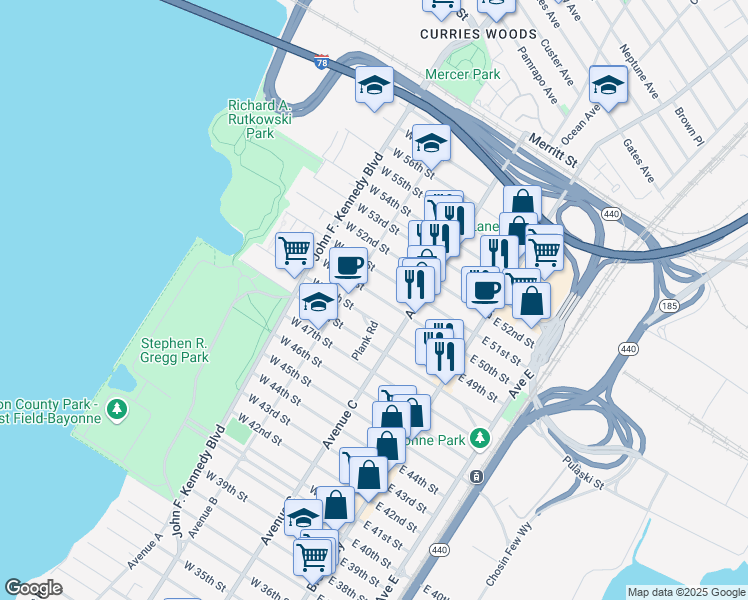map of restaurants, bars, coffee shops, grocery stores, and more near 90 W 50th St in Bayonne