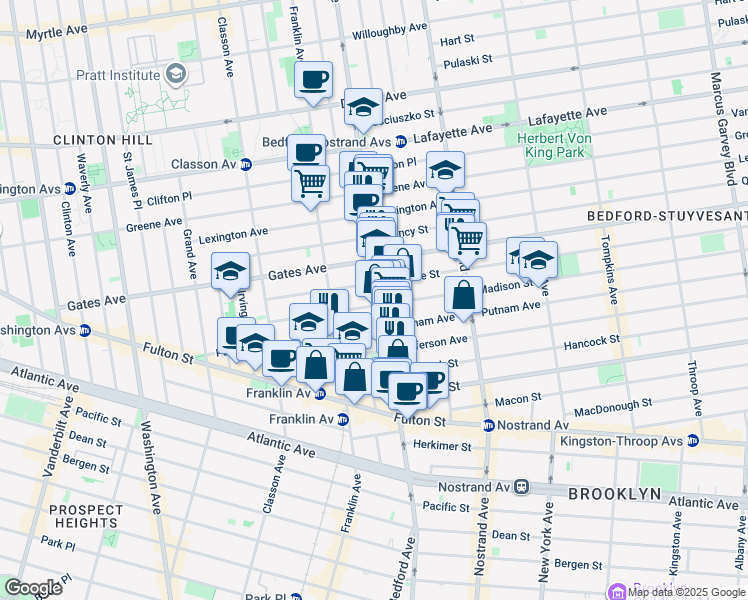 map of restaurants, bars, coffee shops, grocery stores, and more near 1160 Bedford Avenue in Brooklyn