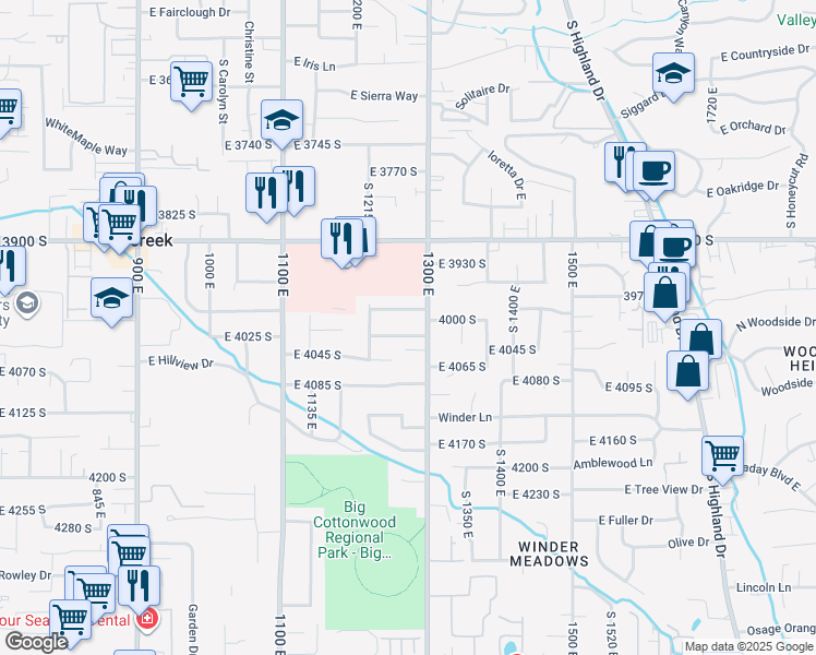 map of restaurants, bars, coffee shops, grocery stores, and more near 1271 East 4025 South in Salt Lake City