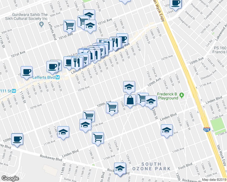 map of restaurants, bars, coffee shops, grocery stores, and more near 107-44 125th Street in Queens