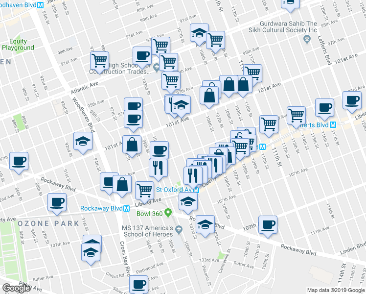 map of restaurants, bars, coffee shops, grocery stores, and more near 101-59 103rd Street in Queens