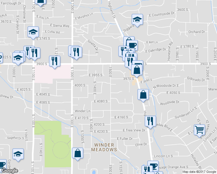 map of restaurants, bars, coffee shops, grocery stores, and more near 4012 1500 east in Millcreek