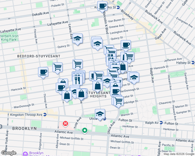 map of restaurants, bars, coffee shops, grocery stores, and more near 291 Stuyvesant Avenue in Brooklyn