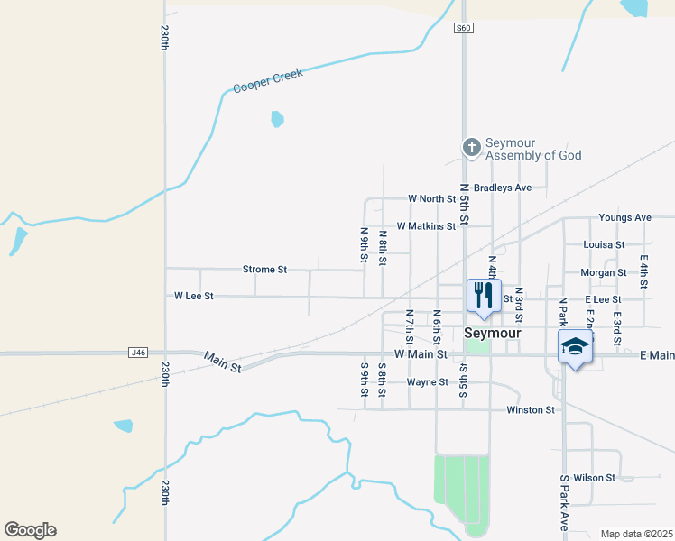 map of restaurants, bars, coffee shops, grocery stores, and more near 1001 Strome Street in Seymour