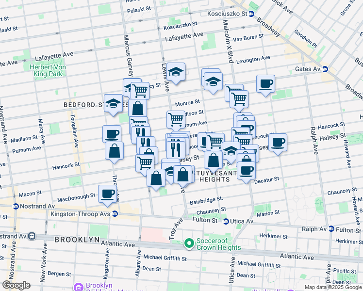 map of restaurants, bars, coffee shops, grocery stores, and more near 327 Lewis Avenue in Brooklyn