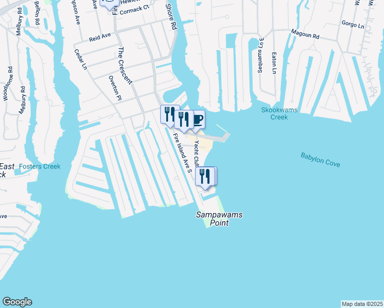 map of restaurants, bars, coffee shops, grocery stores, and more near 32 Yacht Club Road in Babylon