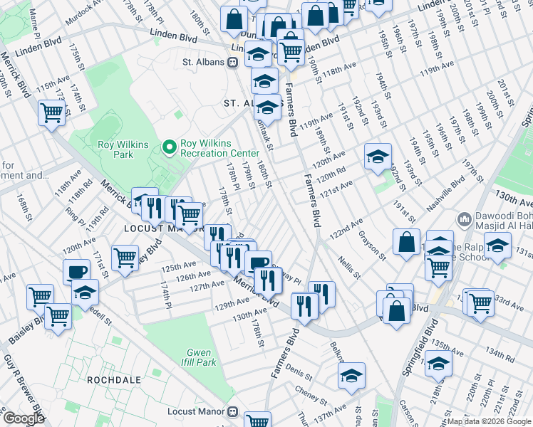 map of restaurants, bars, coffee shops, grocery stores, and more near 178-52 Leslie Road in Queens