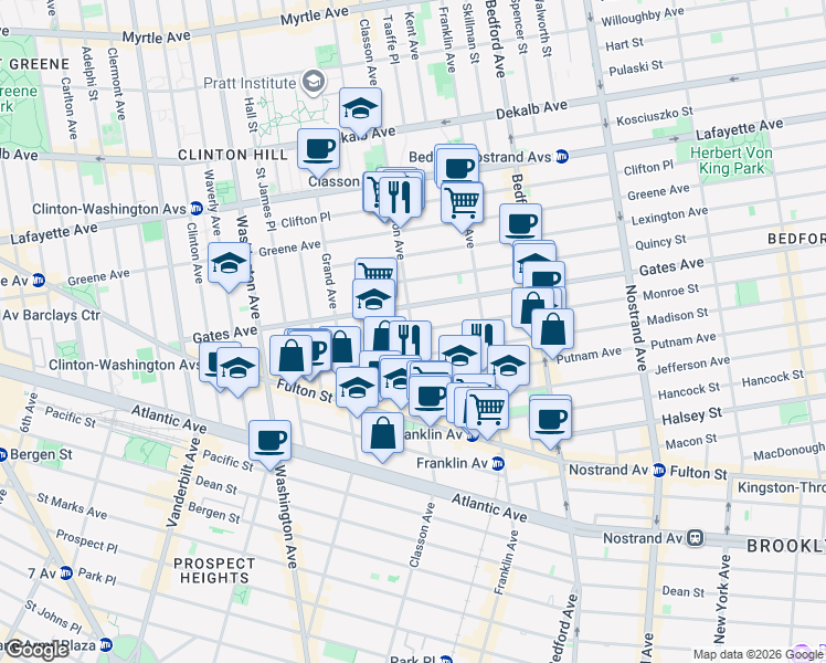 map of restaurants, bars, coffee shops, grocery stores, and more near Classon Avenue in Brooklyn