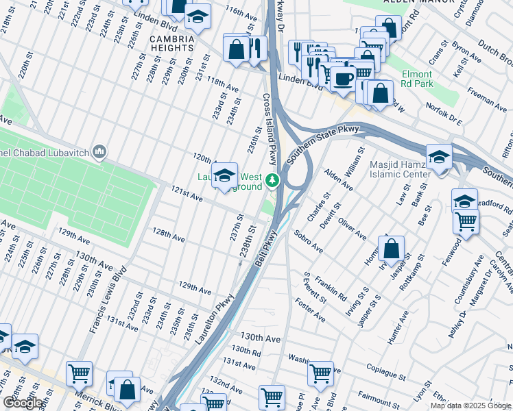 map of restaurants, bars, coffee shops, grocery stores, and more near 120-38 238th Street in Queens