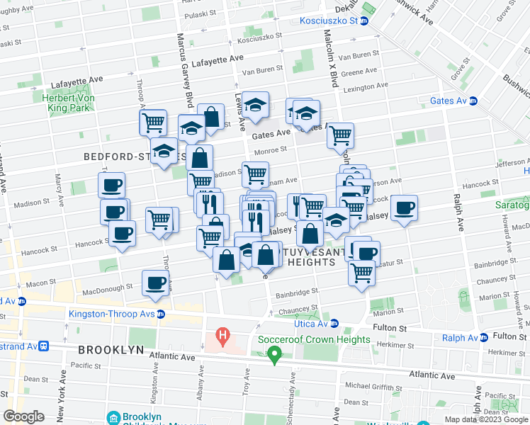 map of restaurants, bars, coffee shops, grocery stores, and more near 515 Hancock Street in Brooklyn