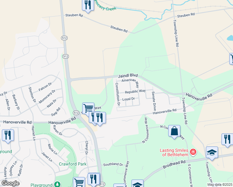 map of restaurants, bars, coffee shops, grocery stores, and more near 6941 Constitution Drive in Bethlehem
