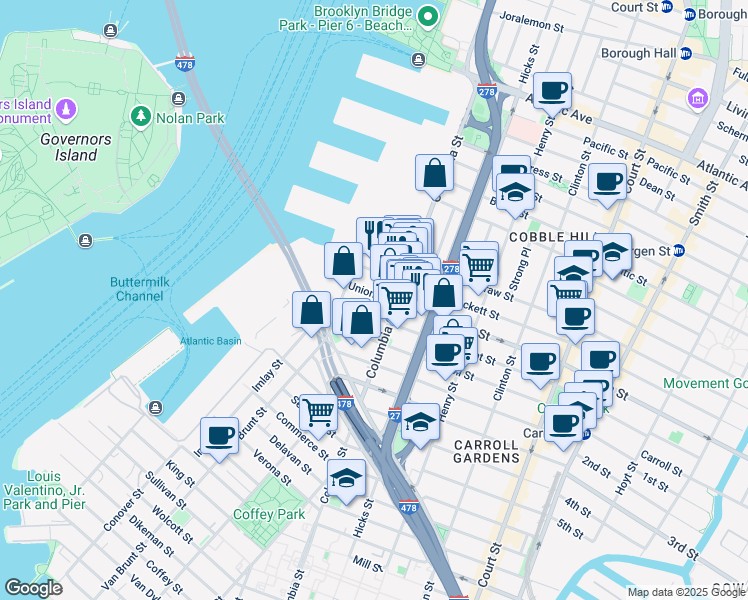 map of restaurants, bars, coffee shops, grocery stores, and more near 86 Union Street in Brooklyn