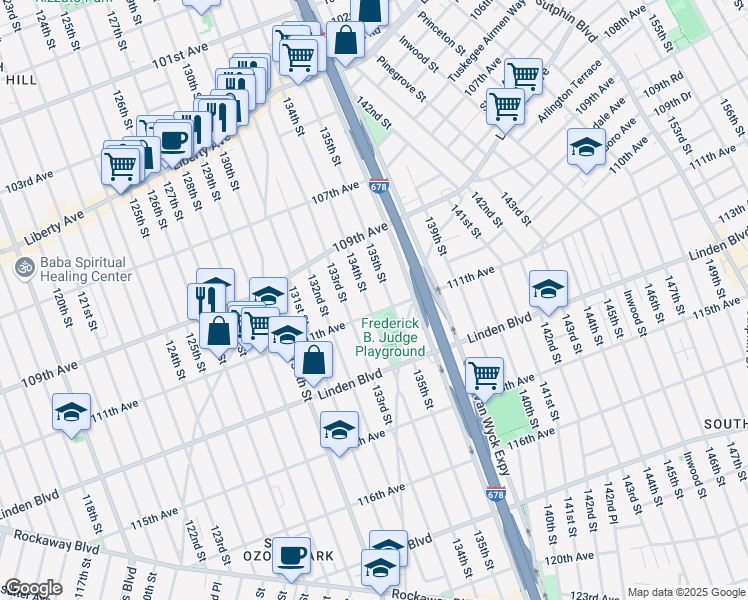 map of restaurants, bars, coffee shops, grocery stores, and more near 109-71 134th Street in Queens