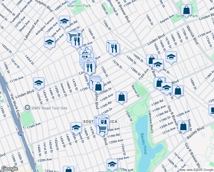 map of restaurants, bars, coffee shops, grocery stores, and more near 150-42 115th Road in Queens