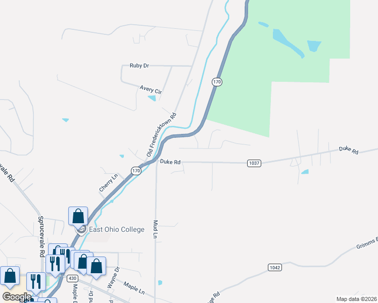 map of restaurants, bars, coffee shops, grocery stores, and more near 49123 Eagle Drive in East Liverpool