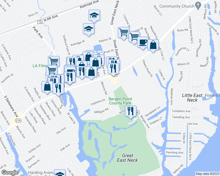 map of restaurants, bars, coffee shops, grocery stores, and more near 112 Curcio Court in West Babylon