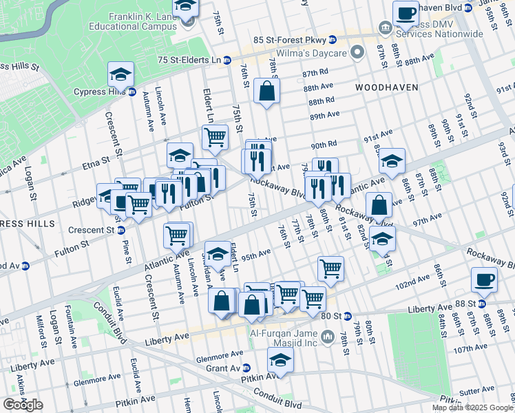 map of restaurants, bars, coffee shops, grocery stores, and more near 92-51 75th Street in Queens