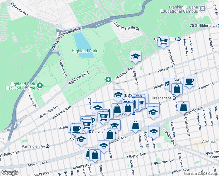 map of restaurants, bars, coffee shops, grocery stores, and more near 19 Shepherd Ave in Brooklyn