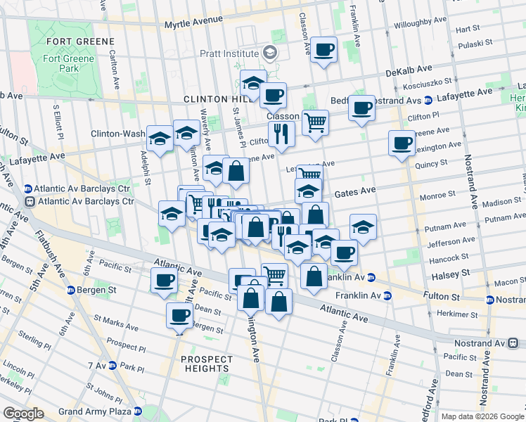 map of restaurants, bars, coffee shops, grocery stores, and more near 108 Gates Avenue in Brooklyn