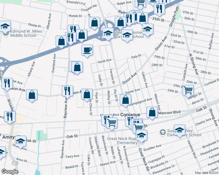 map of restaurants, bars, coffee shops, grocery stores, and more near 308 County Road 2 in Copiague